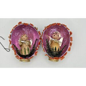 Vintage Retro Egg Shaped Angel Diorama Christmas Ornaments Glittery Japan